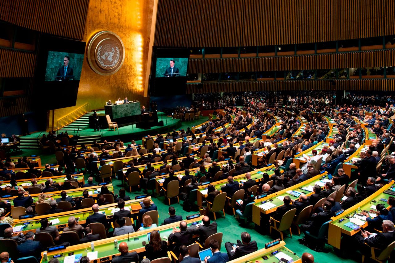 Brazilian President Jair Bolsonaro speaks at the UN General Assembly on September 24.