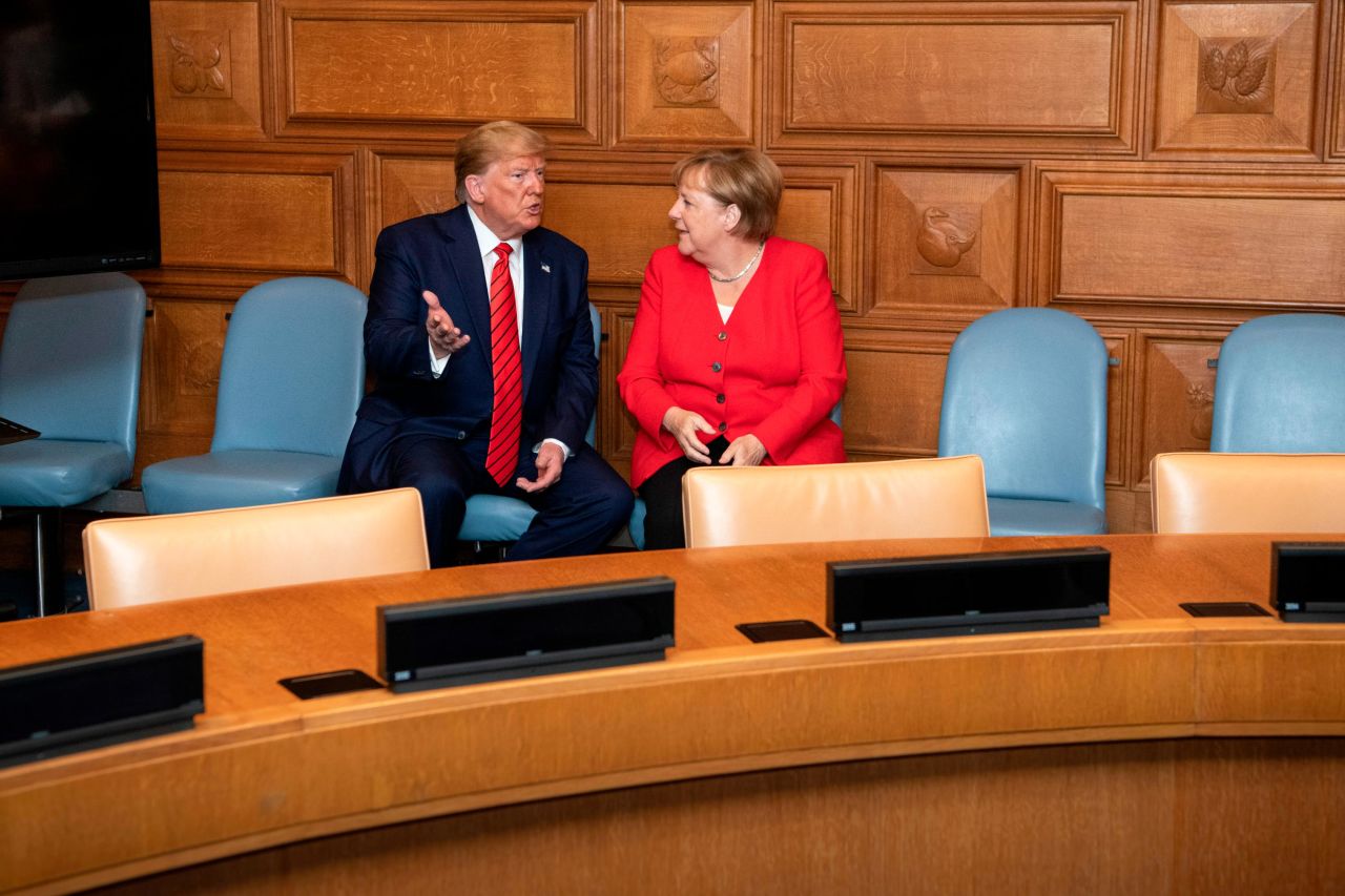 In this handout photo provided by the German Government Press Office, Trump meets with German Chancellor Angela Merkel on September 24.
