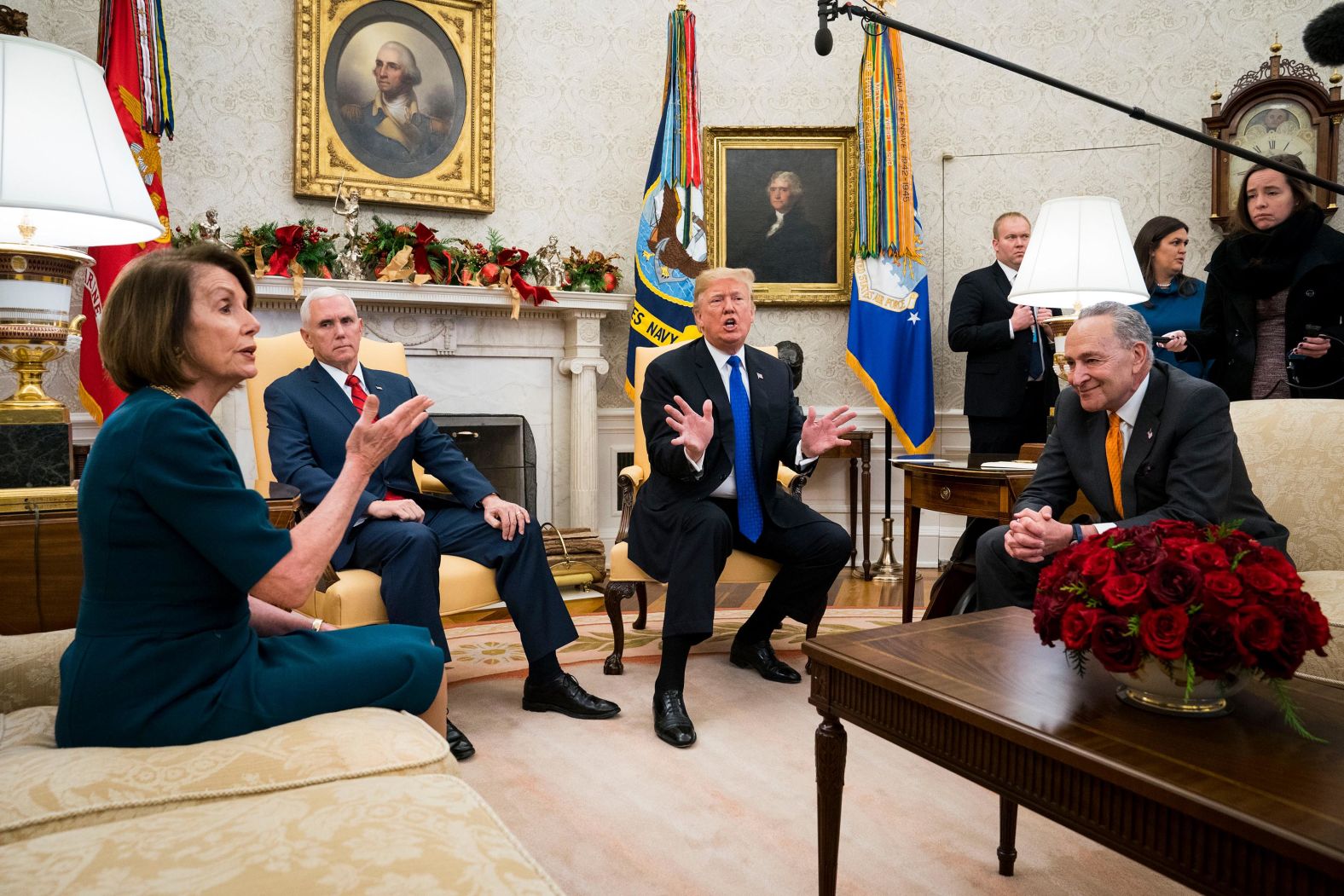 Trump and Vice President Mike Pence meet with House Minority Leader Nancy Pelosi and Senate Minority Leader Chuck Schumer at the White House in December 2018. In the meeting, part of which was open to the press, <a href="index.php?page=&url=https%3A%2F%2Fwww.cnn.com%2F2018%2F12%2F11%2Fpolitics%2Ftrump-pelosi-schumer-meeting-shutdown%2Findex.html" target="_blank">Trump clashed with Schumer and Pelosi over funding for a border wall </a>and the threat of a government shutdown. Parts of the federal government did eventually shut down. <a href="index.php?page=&url=https%3A%2F%2Fwww.cnn.com%2F2018%2F12%2F22%2Fpolitics%2Fgallery%2Fgovernment-shutdown-december-2018%2Findex.html" target="_blank">The shutdown</a> lasted a record 35 days.