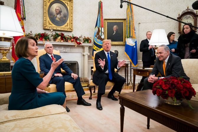 Trump and Vice President Mike Pence meet with House Minority Leader Nancy Pelosi and Senate Minority Leader Chuck Schumer at the White House in December 2018. In the meeting, part of which was open to the press, <a href="https://www.cnn.com/2018/12/11/politics/trump-pelosi-schumer-meeting-shutdown/index.html" target="_blank">Trump clashed with Schumer and Pelosi over funding for a border wall </a>and the threat of a government shutdown. Parts of the federal government did eventually shut down. <a href="https://www.cnn.com/2018/12/22/politics/gallery/government-shutdown-december-2018/index.html" target="_blank">The shutdown</a> lasted a record 35 days.