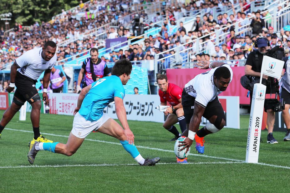 Mesulame Dolokoto grounds the ball to score his side's first try but Fiji made too many mistakes in the game. 