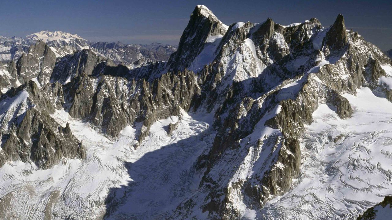 The Grandes Jorasses glacier and the Giant's Tooth mountain, pictured on August 8, 2016.