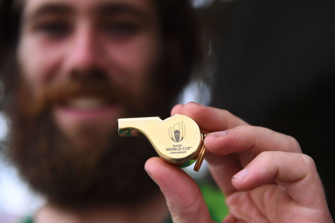James Owens holding the whistle for the opening match of the Rugby World Cup 2019.