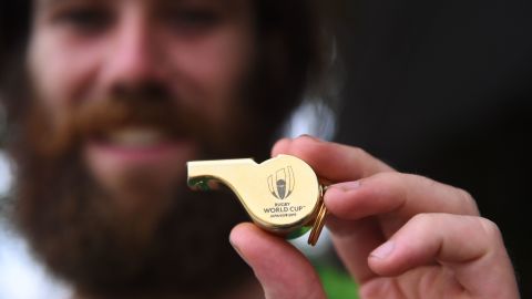 James Owens holding the whistle for the opening match of the Rugby World Cup 2019.
