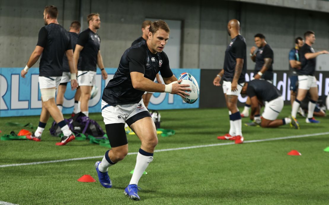 Blaine Scully trains ahead of USA's Rugby World Cup game against England. 
