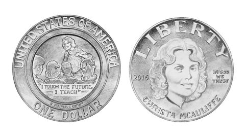 The proposed design of the commemorative Christa McAuliffe coin.