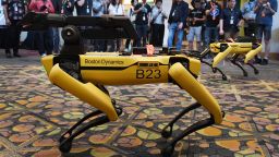 Robotic dogs called Spot and built by Boston Dynamics are demonstrated during the Amazon Re:MARS conference on robotics and artificial intelligence at the Aria Hotel in Las Vegas, Nevada on June 4, 2019. (Photo by Mark RALSTON / AFP)        (Photo credit should read MARK RALSTON/AFP/Getty Images)