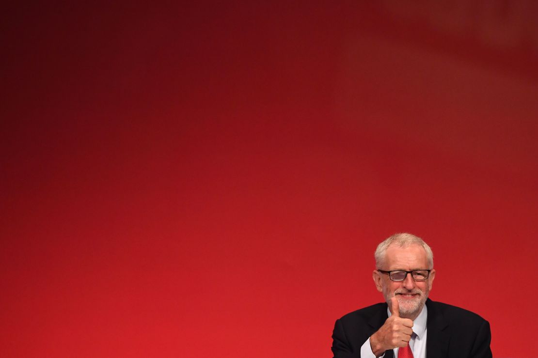 Labour leader Jeremy Corbyn gives a thumbs-up on the third day of the party's conference.
