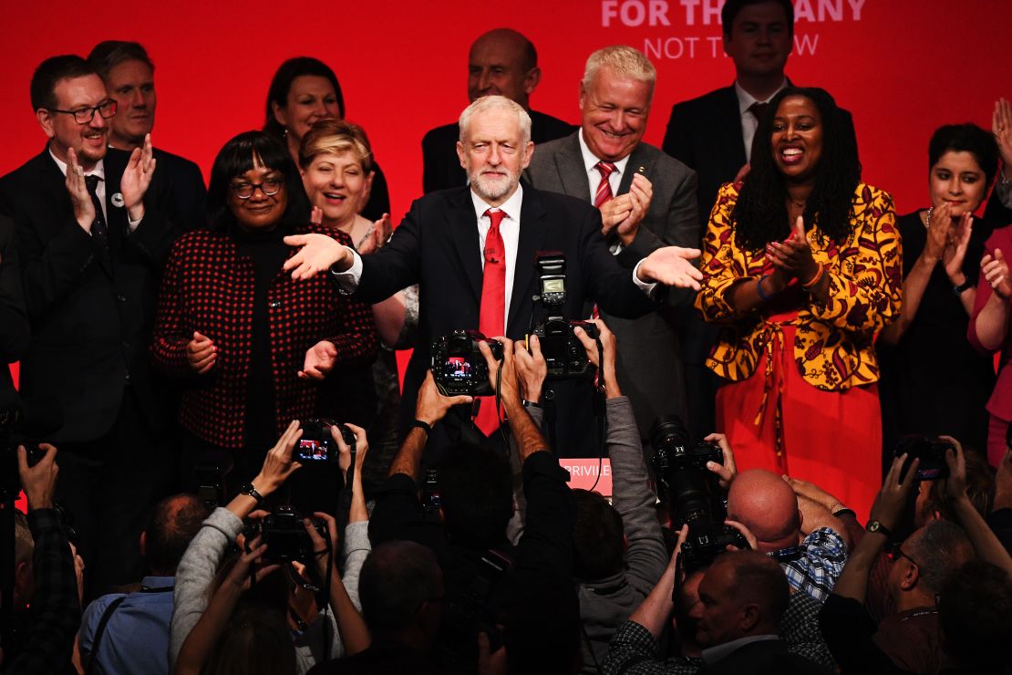 Jeremy Corbyn, with members of his shadow cabinet, on stage following his keynote speech Tuesday.