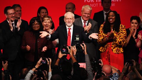 Jeremy Corbyn acknowledges conference at the Labour Party conference in Brighton, England, in September 2019.