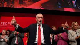 TOPSHOT - Labour Party leader Jeremy Corbyn reacts after giving his leader's speech during the annual Labour Party conference in Brighton, on the south coast of England on September 24, 2019. - Corbyn brought forward by a day his leader's speech at the Labour Party's annual conference after the Supreme Court ruled the prime minister's suspension of parliament unlawful in an explosive judgement that paves the way for parliament to return on September 25. (Photo by DANIEL LEAL-OLIVAS / AFP)        (Photo credit should read DANIEL LEAL-OLIVAS/AFP/Getty Images)