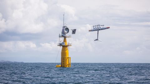 Makani's energy kite launches from a floating platform in the North Sea off the coast of Norway.