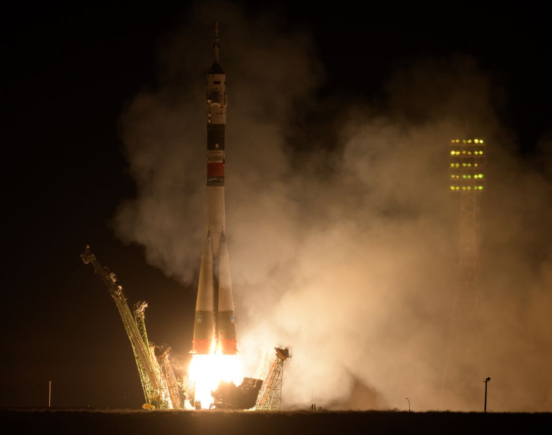 The Soyuz MS-15 spacecraft launches from the Baikonur Cosmodrome, Kazakhstan.