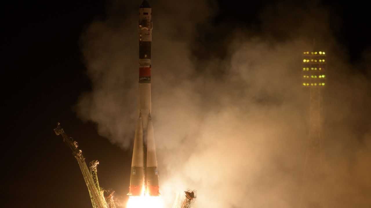 The Soyuz MS-15 spacecraft launches from the Baikonur Cosmodrome, Kazakhstan.
