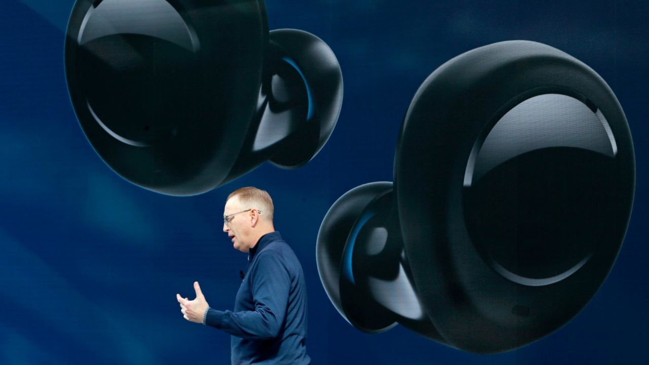 Dave Limp, senior vice president for Amazon devices & services, talks about Echo Buds, the tech company's new wireless earbuds product, Wednesday, Sept. 25, 2019, at an event in Seattle. (AP Photo/Ted S. Warren)