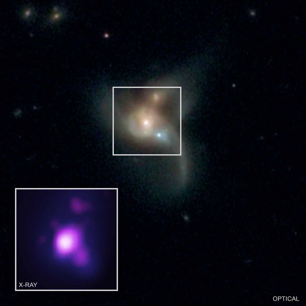 A collision of three galaxies has set three supermassive black holes on a crash course with each other in a system one billion light-years from Earth. 