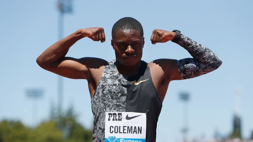 STANFORD, CALIFORNIA - JUNE 30: Christian Coleman of the United States poses for photographers after winning the Men's 100m during the Prefontaine Classic at Cobb Track & Angell Field on June 30, 2019 in Stanford, California. (Photo by Lachlan Cunningham/Getty Images)