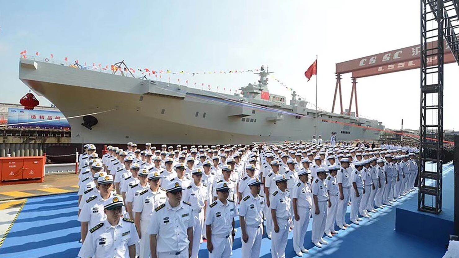 China's first amphibious assault ship was launched in Shanghai on Wednesday.