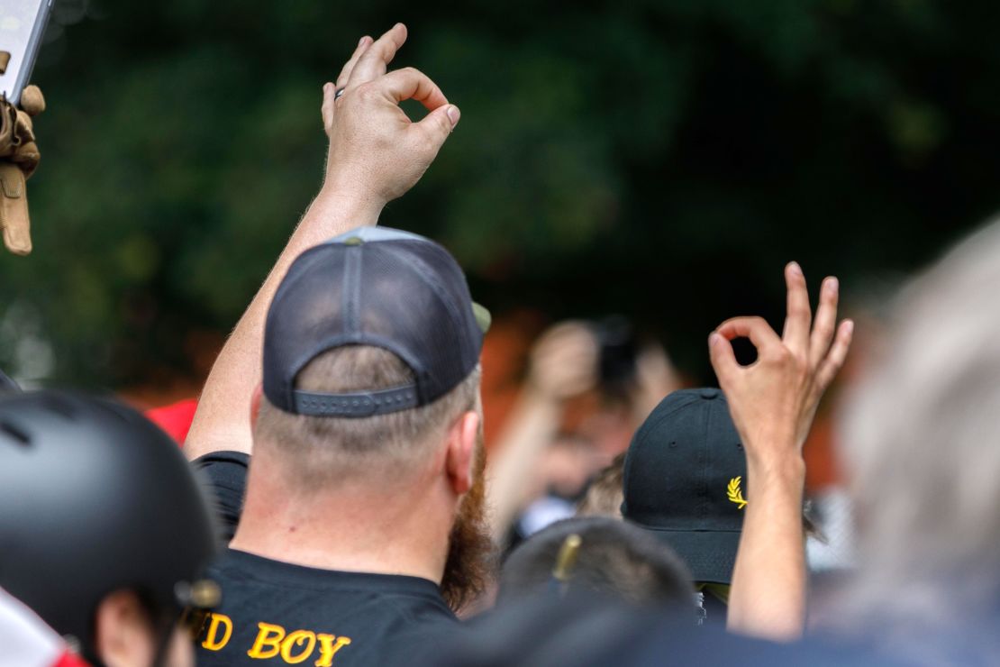 Members of the far-right group "Proud Boys" make the OK hand gesture at a rally in Portland, Oregon.