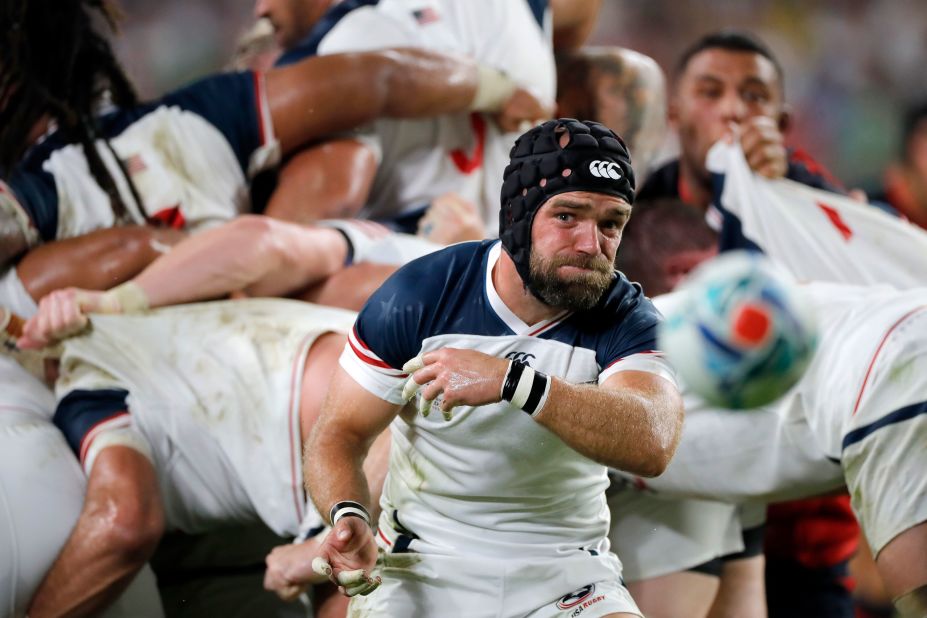 The USA were beaten 45-7 by England at the Rugby World Cup in its opening game at Japan 2019. Shaun Davies passes the ball during the Group C match at Kobe Misaki Stadium in Kobe.