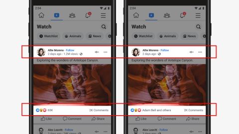 Facebook is testing hiding like, reaction and video view counts (right). 