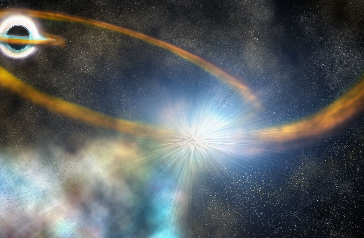 After passing too close to a supermassive black hole, the star in this artist's conception is torn into a thin stream of gas, which is then pulled back around the black hole and slams into itself, creating a bright shock and ejecting more hot material.