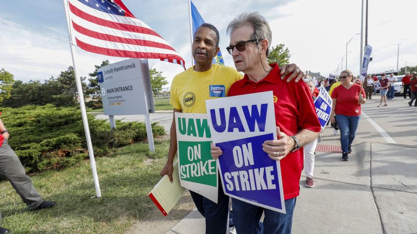 DETROIT, MI - SEPTEMBER 25: Former UAW President Bob King (R) walks with striking United Auto Workers (UAW) union members as they picket at the General Motors Detroit-Hamtramck Assembly Plant on September 25, 2019 in Detroit, Michigan. The UAW called a strike against GM at midnight on September 15th, the union's first national strike since 2007. This is the union's longest national strike since 1970. (Photo by Bill Pugliano/Getty Images)