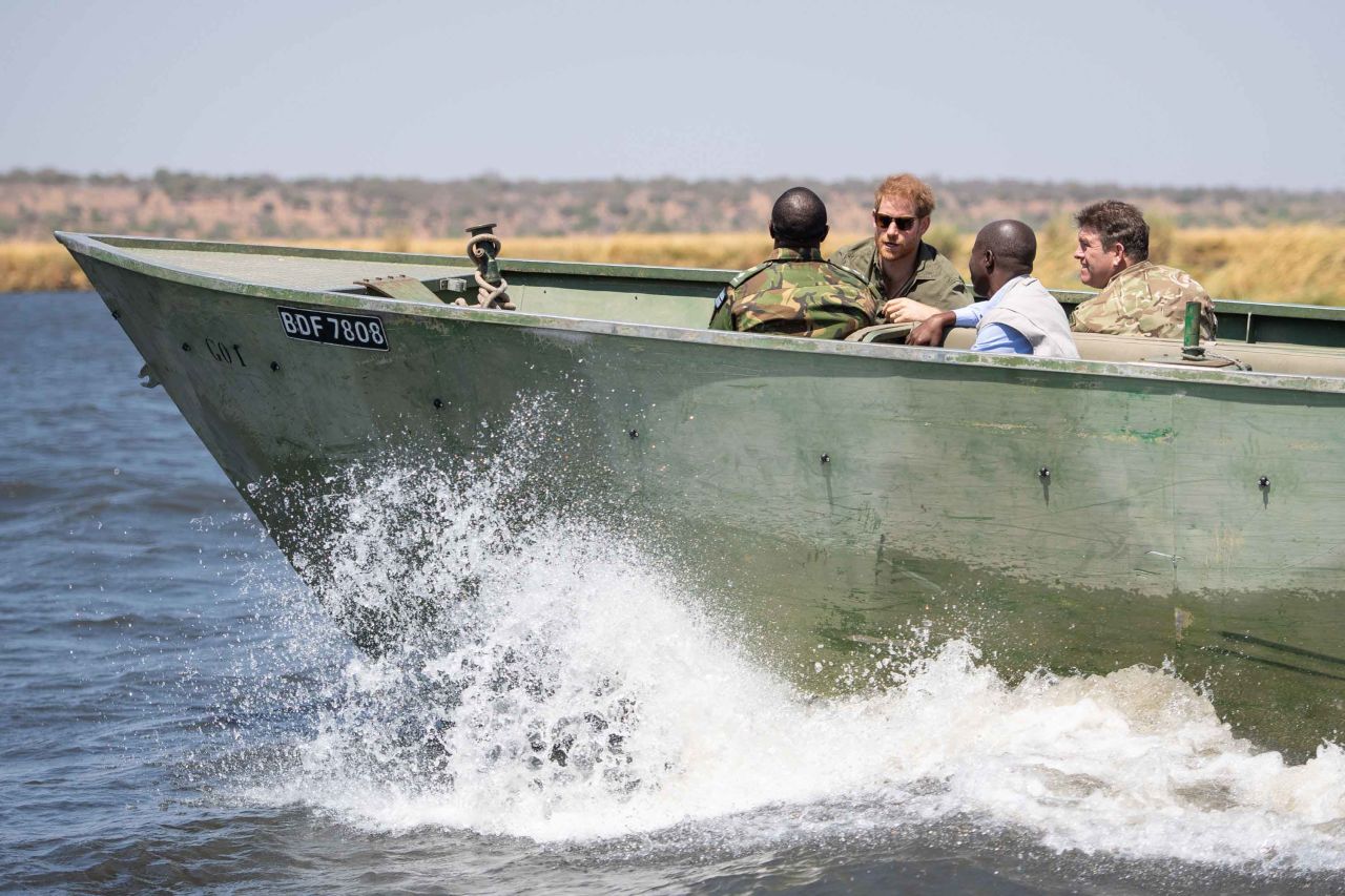 Prince Harry joins an anti-poaching patrol on the Chobe River in Kasane, Botswana, on Thursday, September 26.