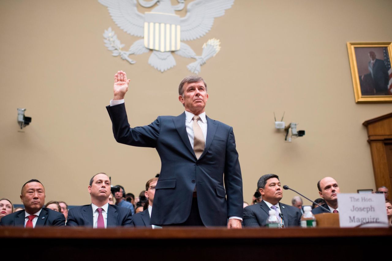 Joseph Maguire, the United States' acting director of national intelligence, is sworn in before testifying to the House Intelligence Committee on Thursday, September 26. Maguire broke with President Donald Trump and his Republican supporters,<a href="https://www.cnn.com/2019/09/26/politics/maguire-house-intelligence-committee-testimony/index.html" target="_blank"> defending the whistleblower</a> who filed a complaint about Trump's phone call with Ukraine's president.