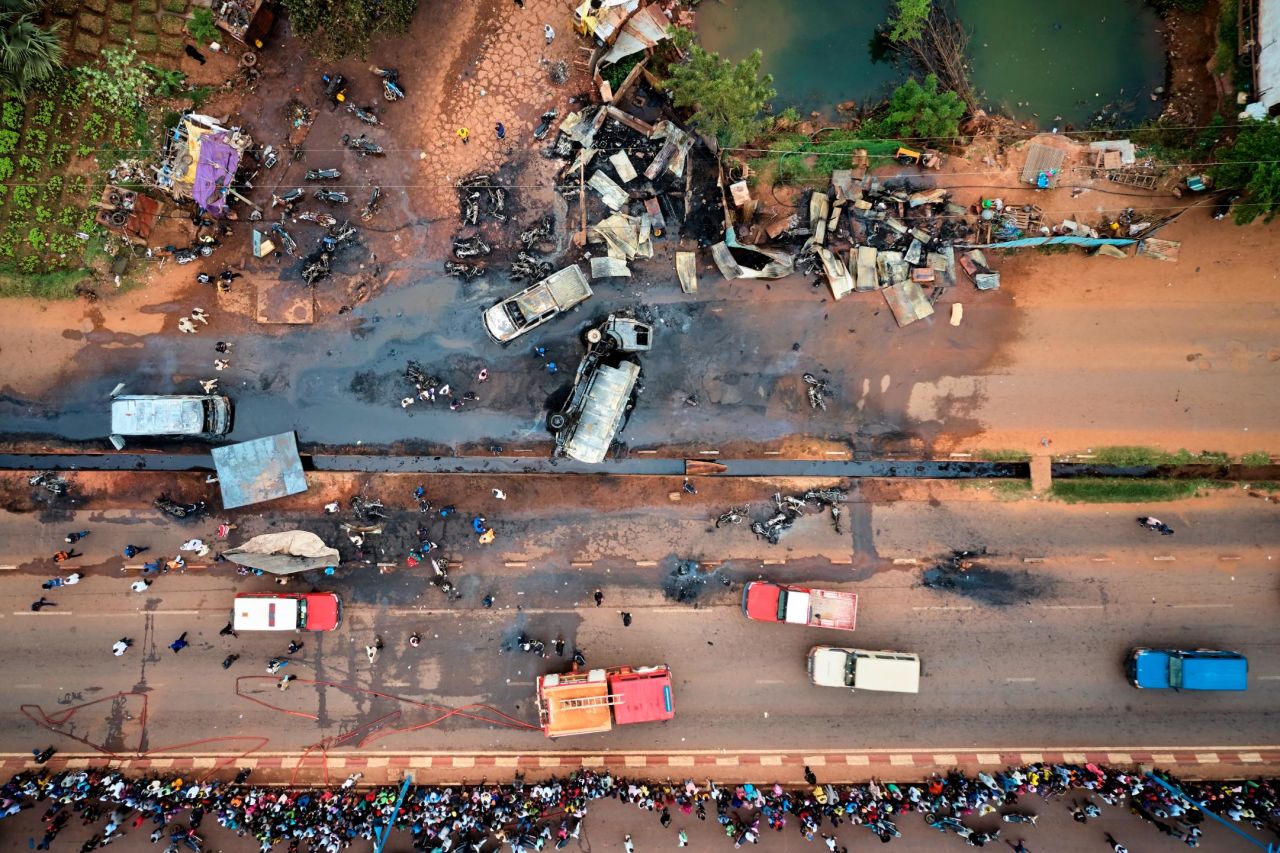 This aerial photo, taken on Tuesday, September 24, shows the carnage left behind when a fuel tanker exploded in Bamako, Mali. Several people were killed in the explosion, which happened when the tanker swerved out of the way of a motorcycle, <a href="https://www.reuters.com/article/us-mali-blast/tanker-truck-explosion-in-mali-capital-kills-six-wounds-46-idUSKBN1W92NX" target="_blank" target="_blank">Reuters reported.</a>