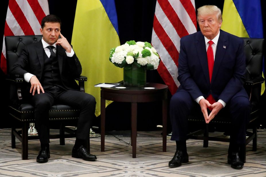 Ukrainian President Volodymyr Zelensky meets with Trump on the sidelines of the UN General Assembly in September 2019. A day earlier, the White House <a href=