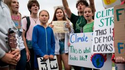 WASHINGTON, DC - SEPTEMBER 13:  Teenage Swedish climate activist Greta Thunberg joins student environmental advocates during a strike to demand action be taken on climate change outside the White House on September 13, 2019 in Washington, DC. The strike is part of Thunberg's six day visit to Washington ahead of the Global Climate Strike scheduled for September 20. (Photo by Sarah Silbiger/Getty Images)
