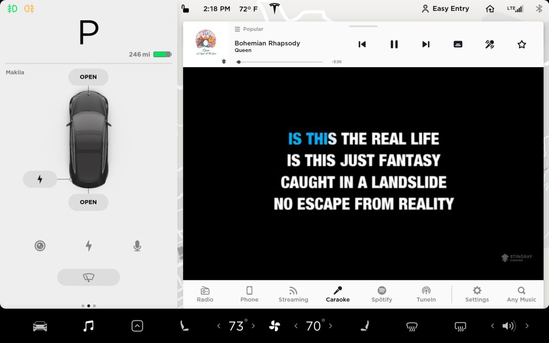 Tesla's latest software update features songs and lyrics on the center console screen so users can do "Car-aoke."