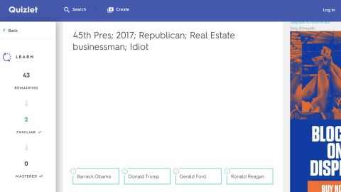A screen grab shows Watson B. Duncan Middle School's president quiz on Quizlet.