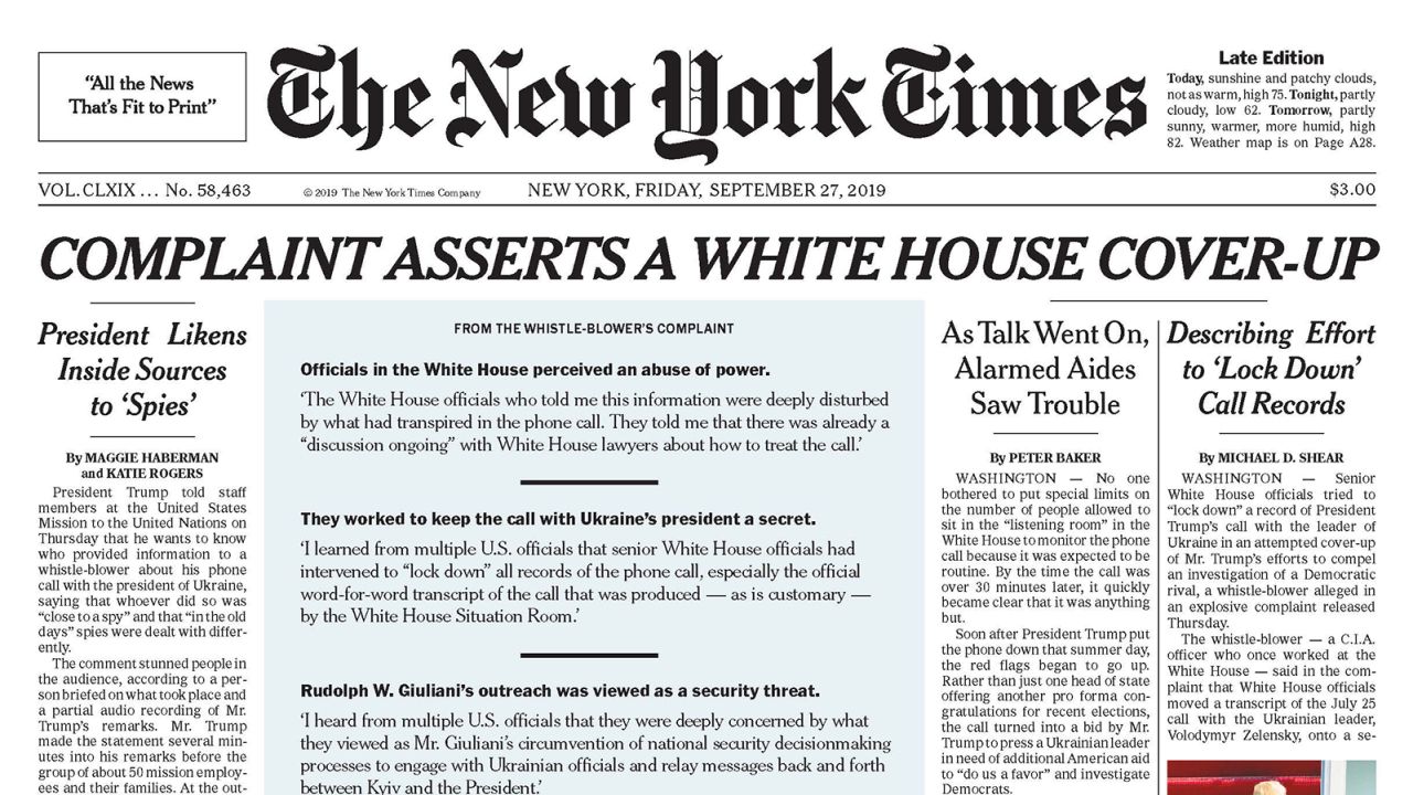 new york times front page 190927
