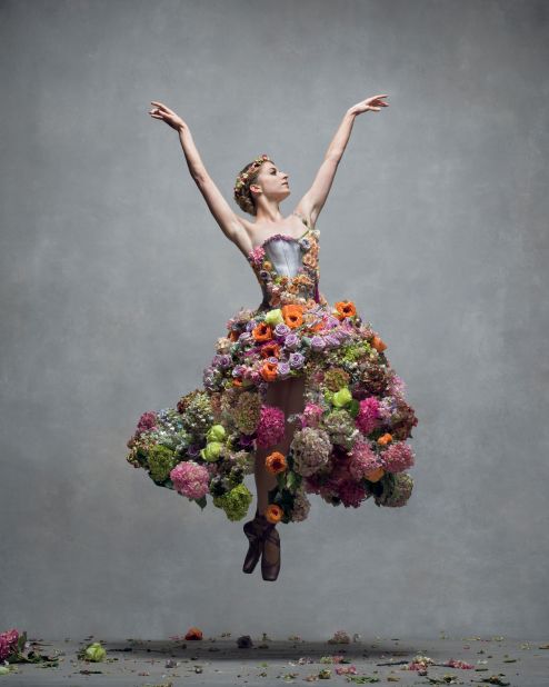 Meaghan Grace Hinkis of the Royal Ballet wears a flower dress inspired by Alexander McQueen's Spring/Summer 2007 collection. The dress was created by Madeleine Hinkis, with floral design by Olga Sahraoui.