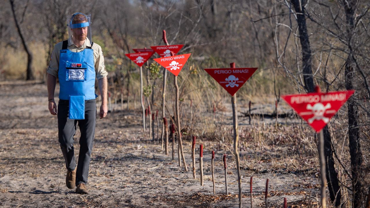 Harry walks through a minefield in Dirico, Angola, on Friday, before traveling to the site of his mother's famous photos.