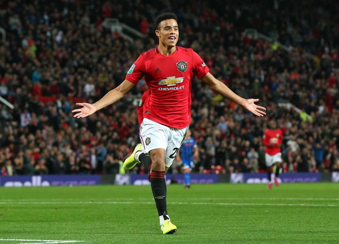 Mason Greenwood celebrates scoring against Rochdale.