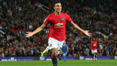 Mason Greenwood celebrates scoring against Rochdale.