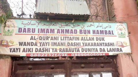 Sign at the school from which police freed 300 people.