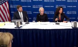 American Immigration Lawyers Association Second Vice President Jeremy McKinney, American Bar Association President Judy Perry Martinez and National Association of Immigration Judges President Ashley Tabaddor speak at the National Press Club.