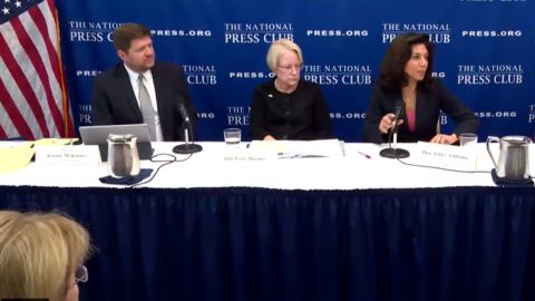 American Immigration Lawyers Association Second Vice President Jeremy McKinney, American Bar Association President Judy Perry Martinez and National Association of Immigration Judges President Ashley Tabaddor speak at the National Press Club.