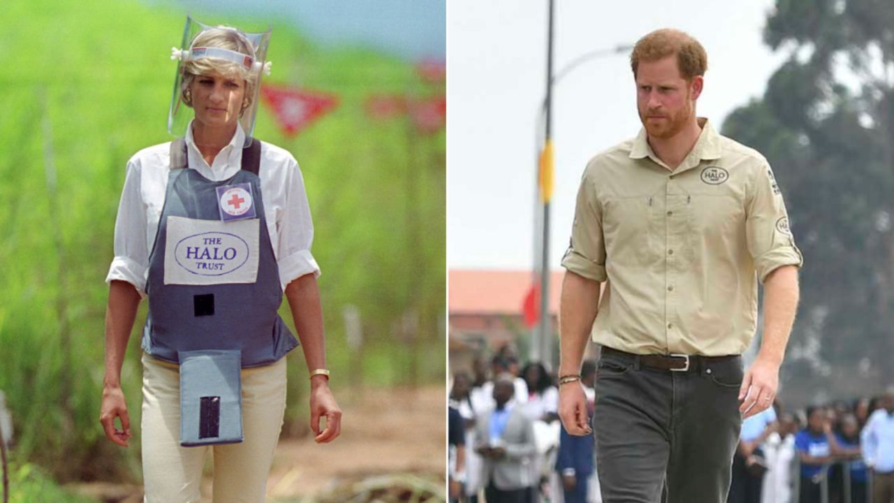 Diana walked through a minefield in Huambo, Angola, in 1997. Two decades on, Harry returned to the spot, which has been transformed into a bustling street. 