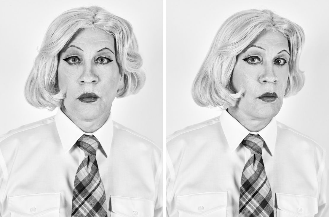 John Malkovich is Andy Warhol, recreating Chirspother Makos' Lady Warhol Dyptich from 1981.