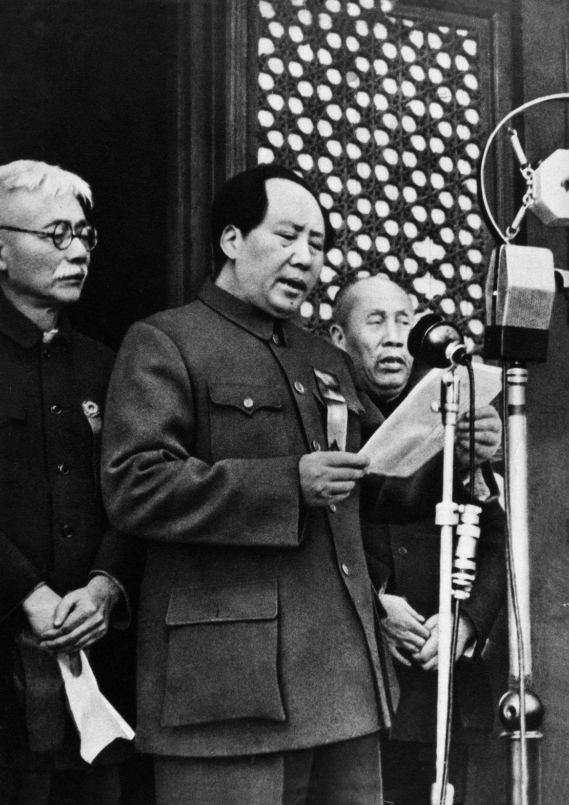 Chinese Communist Party leader Mao Zedong declares the birth of the People's Republic of China, in Beijing, October 1, 1949.