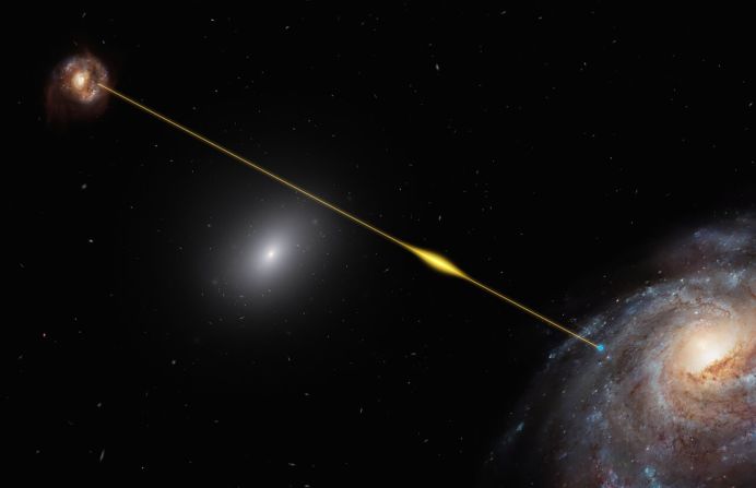 This is an artist's impression of the path of the fast radio burst FRB 181112 traveling from a distant host galaxy to reach the Earth. It passed through the halo of a galaxy on the way.