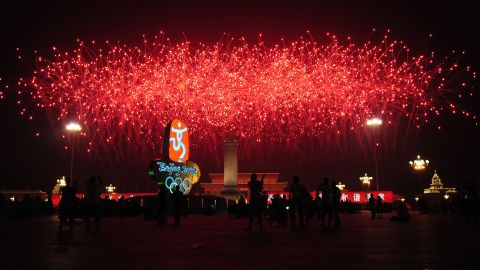 Fireworks explode over the National Stadium, also known as the "Bird's Nest",  during the opening ceremony of the 2008 Beijing Olympic Games.
