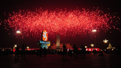 Fireworks explode over the National Stadium, also known as the "Bird's Nest", during the opening ceremony of the 2008 Beijing Olympic Games.