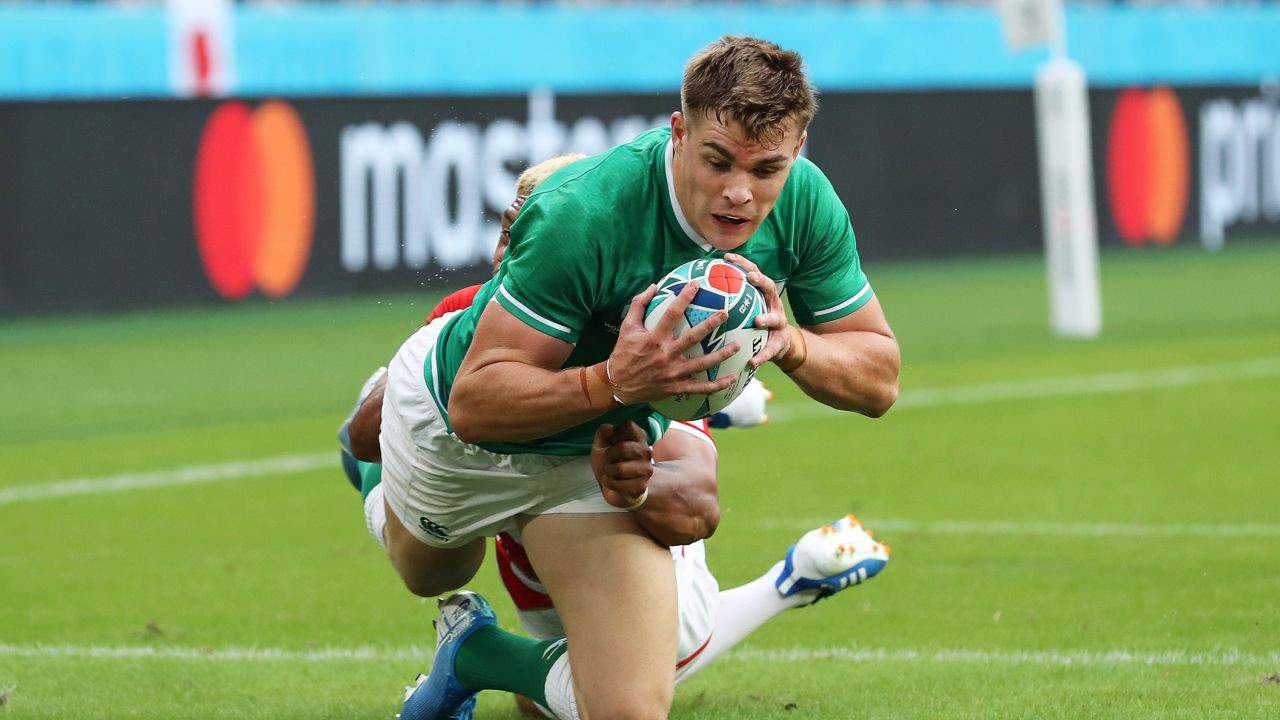 Garry Ringrose of Ireland dives to score his side's first try during the Rugby World Cup 2019 Group A game between Japan and Ireland at Shizuoka Stadium.