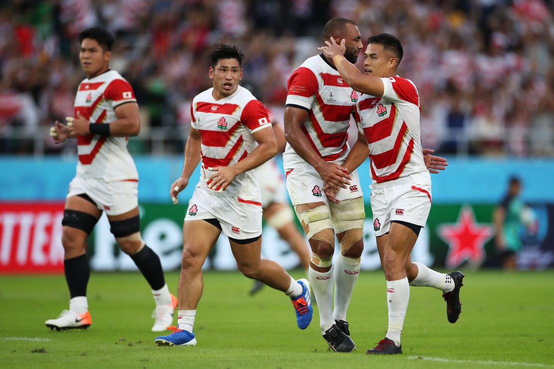 Yu Tamura of Japan celebrates scoring a penalty goal with Michael Leitch during the Rugby World Cup 2019 Group A game between Japan and Ireland at Ecopa Stadium.
